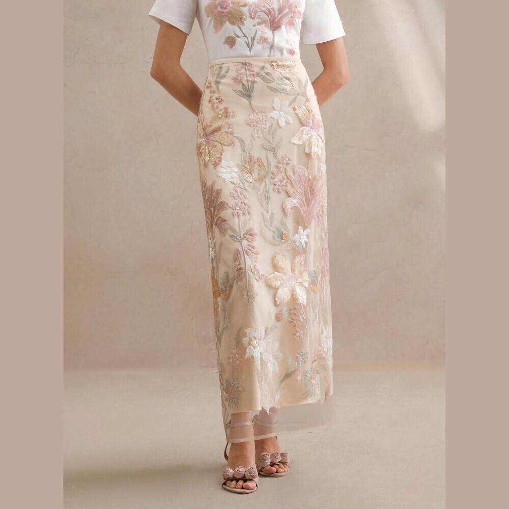 Cream Sparkle Floral Patterned Mesh Maxi Skirt